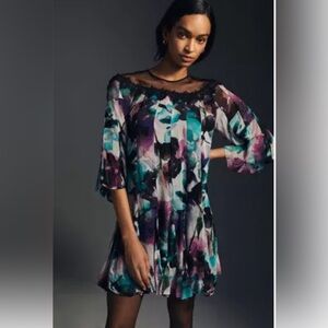 Anthropologie Flutter Sleeve Dress. Sheer neckline with lace detail.Large. NWT.